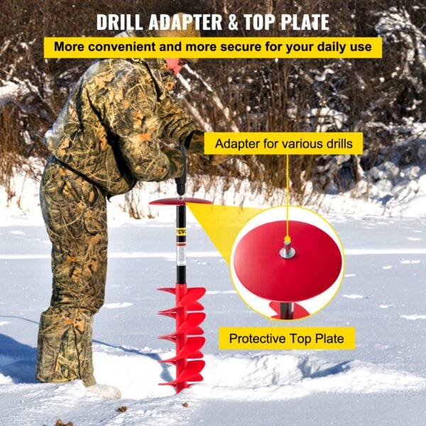 VEVOR Ice Drill Auger, Diameter Nylon Ice Auger, Length Ice Auger Bit,Auger Drill With  Extension Rod,Auger Bit W Drill Adapter,Top Plate & Blade Guard For Ice Fishing Ice Burrowing Red